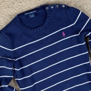 Ralph Lauren Sport Navy White Stripe Knit Sweater Women's Size S Button Shoulder